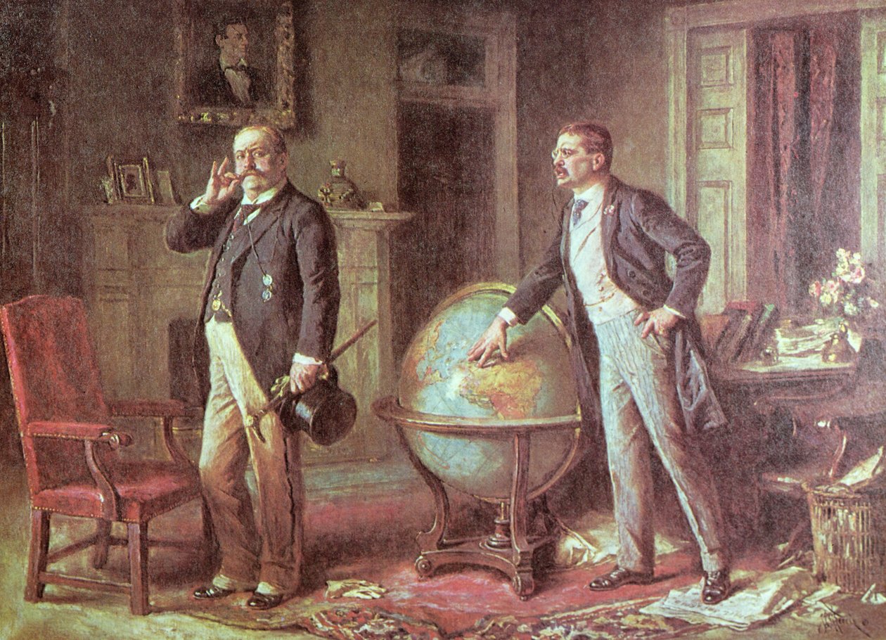 Yhdysvaltain presidentti Theodore Roosevelt ja Saksan keisari Wilhelm II kiistassa Saksan Venezuelan saarrosta, 1902 tekijältä Jean Leon Gerome Ferris