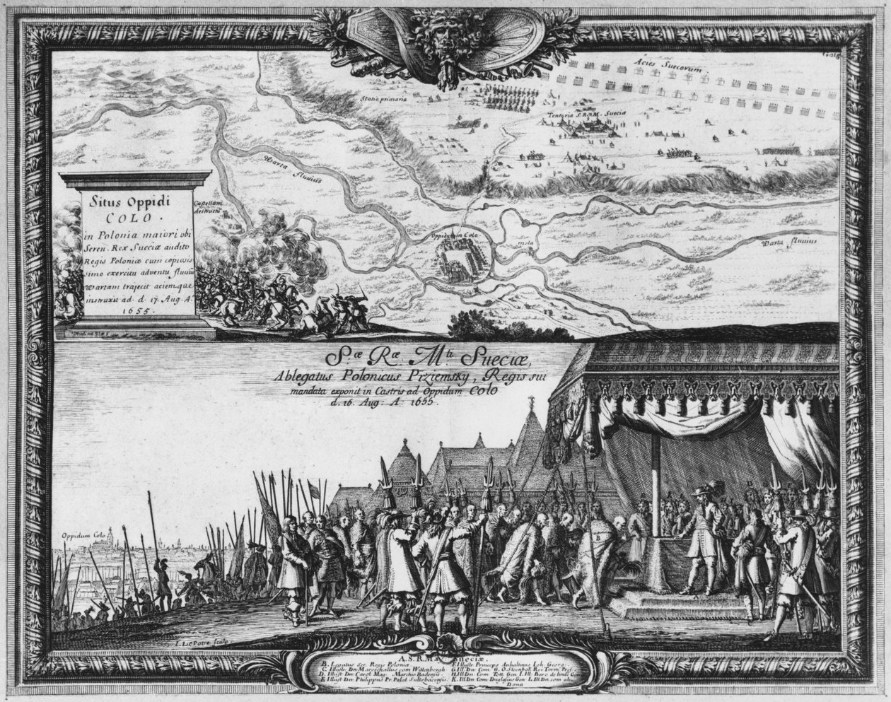 Puolan armeijan tappio Kuolassa elokuussa 1655, Ruotsin kuningas vastaanottaa Puolan suurlähettilään antautumisesta tekijältä Jean Lepautre