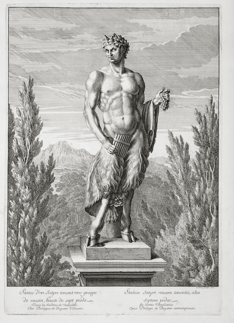 Satyrin patsas, jolla on viinirypäleterttu, Versailles, 1672, Vues et Plans de Versailles, julkaistu n. 1672-1689 tekijältä Jean Lepautre