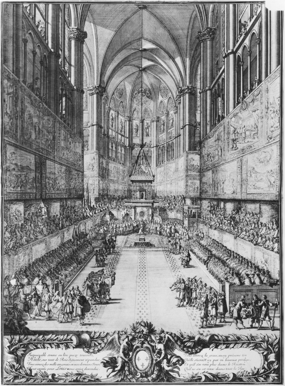 Ludvig XIV:n kruunaus 7. kesäkuuta 1654 Reimsin katedraalissa tekijältä Jean Lepautre