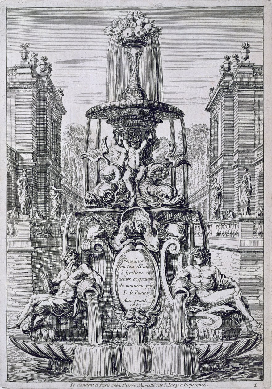 Nimisivu teoksesta "Fountain and Waterjets in the Italian Style", julkaistu 1661 tekijältä Jean Lepautre