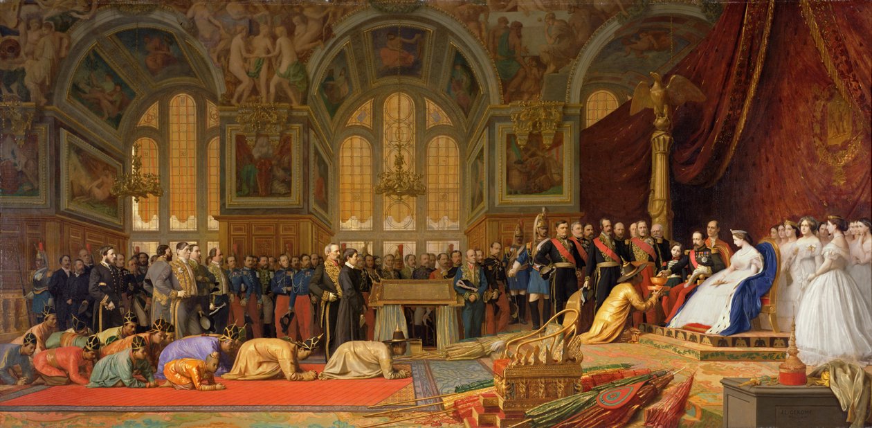 Keisari Napoleon III:n (1808–1873) Siamin suurlähettiläiden vastaanotto Fontainebleaun palatsissa, 27. kesäkuuta 1861 tekijältä Jean Leon Gerome
