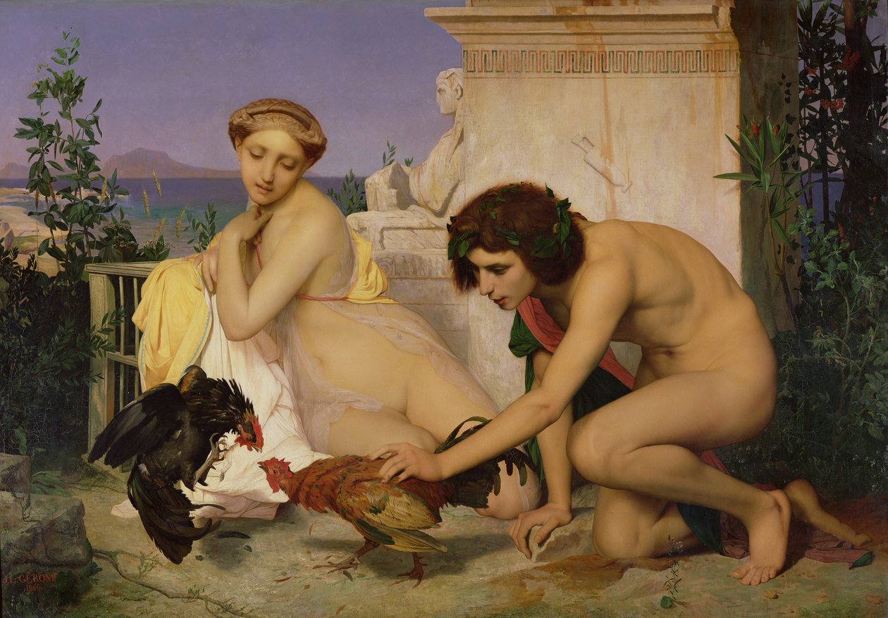 Nuoret kreikkalaiset rohkaisevat kukkoja taistelemaan, 1846 tekijältä Jean Leon Gerome