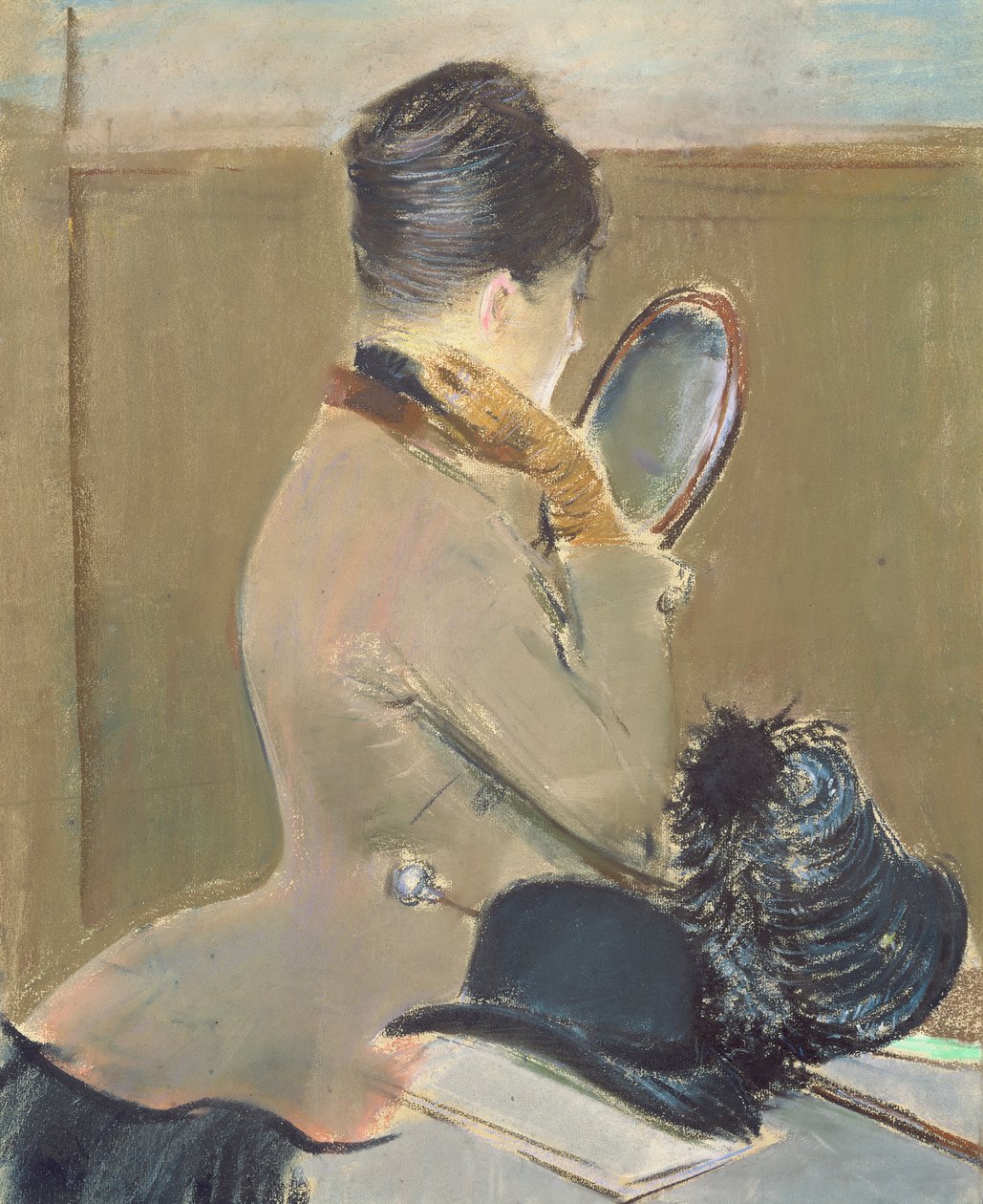 Millinerissä, n. 1885 (pastelli paperille asetettuna alukselle) tekijältä Jean Louis Forain