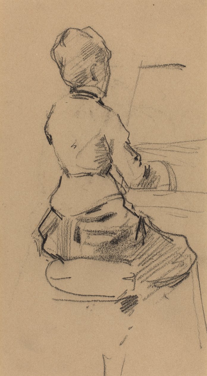 Nuori nainen istuu pianon ääressä [verso], n. 1890 (musta liitu kudottupaperille) tekijältä Jean Louis Forain