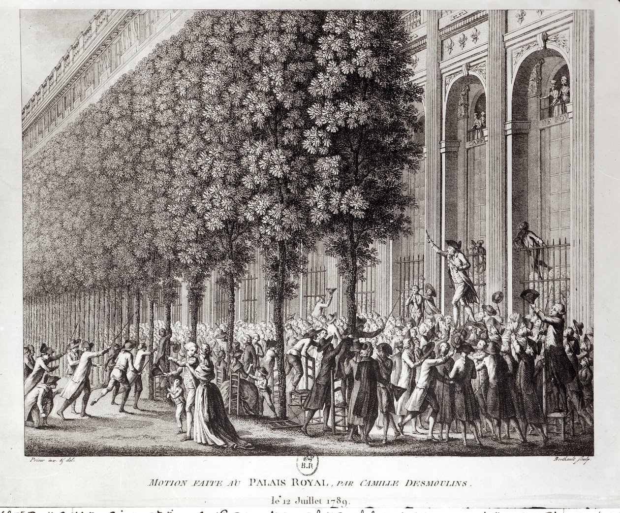 Camille Desmoulins (1760-94) puhuu Palais Royalissa, 12. heinäkuuta 1789, kaiverrus Pierre Gabriel Berthault (1737-1831) tekijältä Jean Louis the Younger Prieur