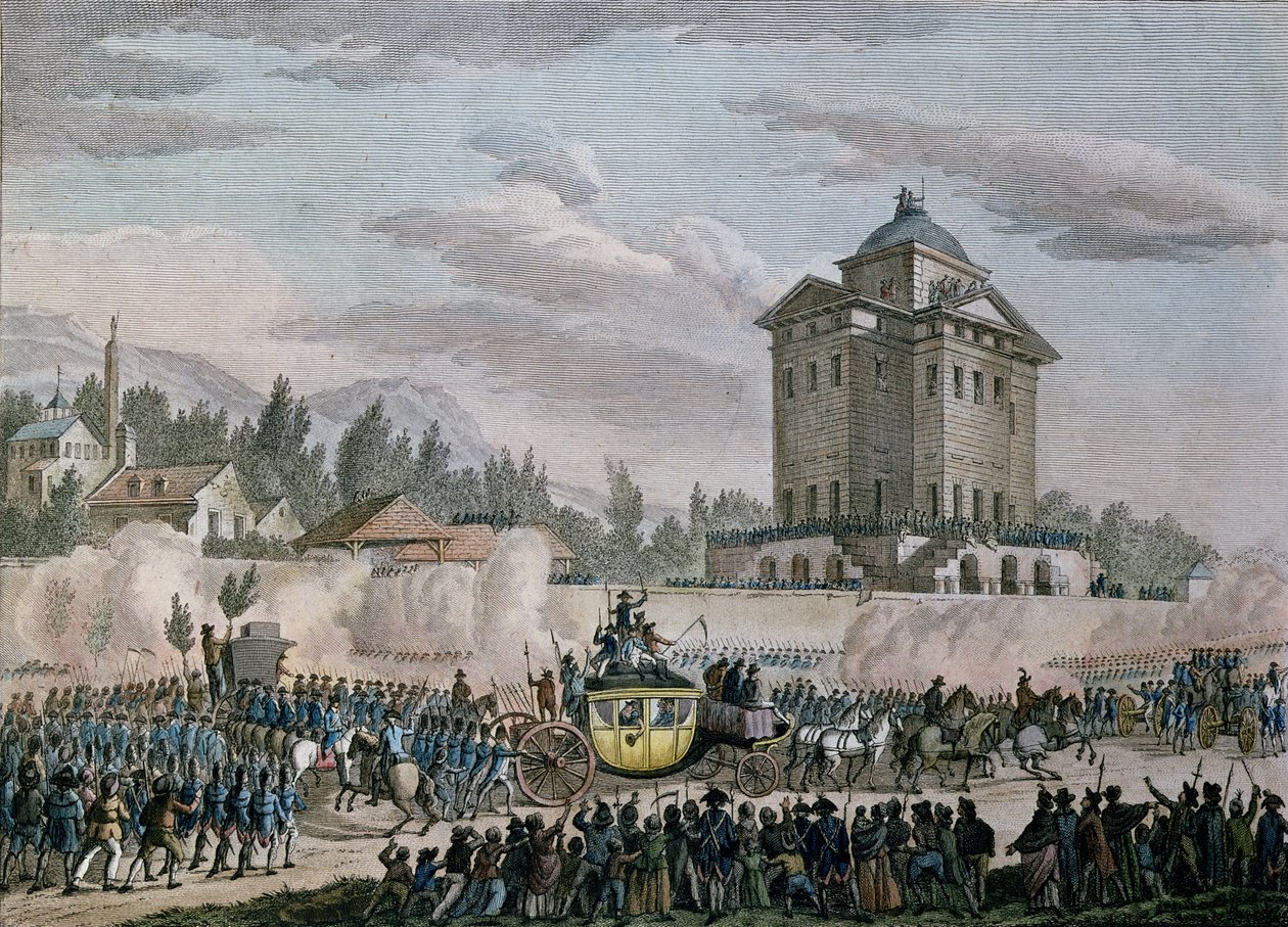 Ludvig XVI:n (1754-93) paluu Pariisiin Varennesista 26. kesäkuuta 1791, kaiverrettu Reinier Vinkelesin (1741-1816) ja Daniel Vrydagin (1765-1822) kaiverruksella. tekijältä Jean Louis the Younger Prieur