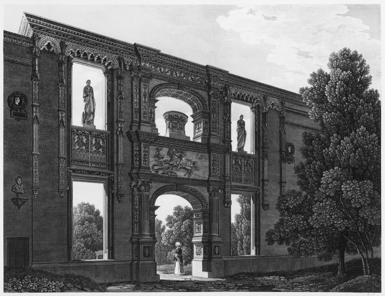 Gaillonin kaari, Musee des Monuments Francais, Pariisi, kuva kohteesta "Vues pittoresques et perspectives des salles du Musee des Monuments Francais et des principaux ouvrages...", kaiverrus Jean B tekijältä Jean Lubin Vauzelle