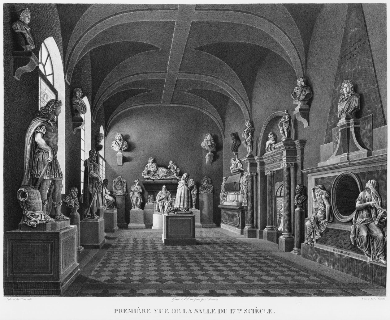 Ensimmäinen näkymä 1600-luvun huoneesta, Musee des Monuments Francais, Pariisi, kuva kohteesta "Vues pittoresques et perspectives des salles du Musee des Monuments Francais et des principaux ouvrages..." tekijältä Jean Lubin Vauzelle