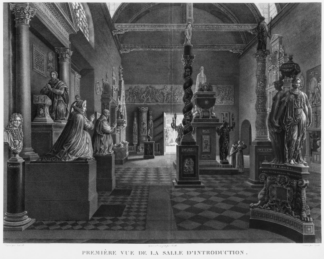Ensimmäinen näkymä esittelyhuoneesta, Musee des Monuments Francais, Pariisi, kuva kohteesta "Vues pittoresques et perspectives des salles du Musee des Monuments Francais et des principaux ouvrages..." tekijältä Jean Lubin Vauzelle
