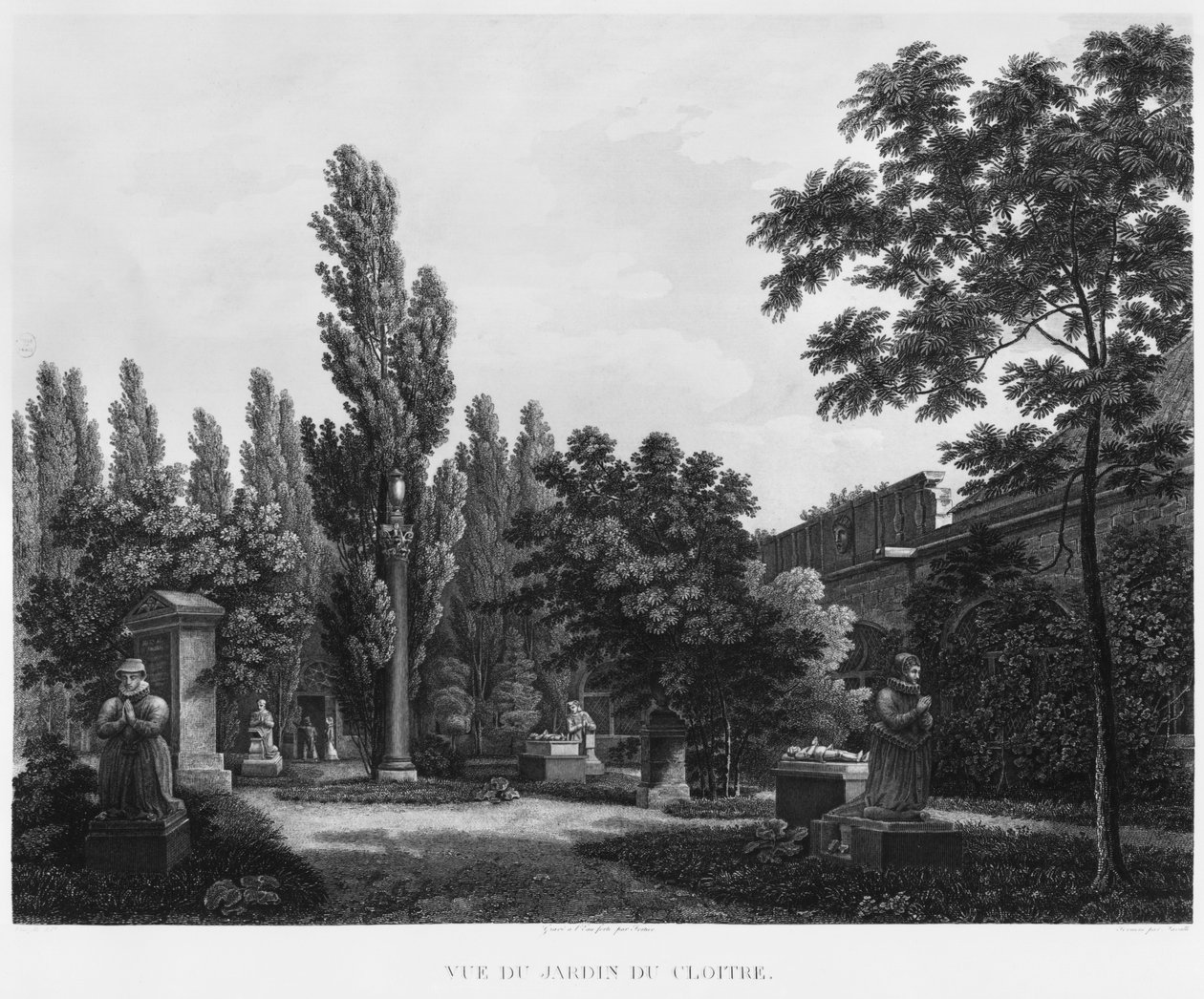 Luostarin puutarha, Musee des Monuments Francais, Pariisi, kuvitus teoksesta "Vues pittoresques et perspectives des salles du Musee des Monuments Francais et des principaux ouvrages...", kaivertaja tekijältä Jean Lubin Vauzelle
