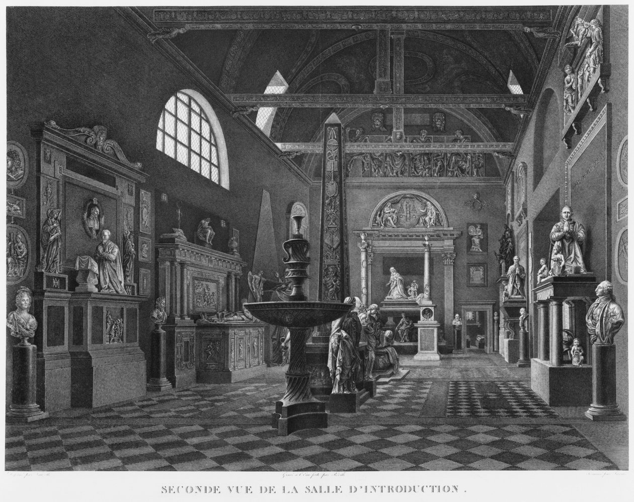 Toinen näkymä esittelyhuoneesta, Musee des Monuments Francais, Pariisi, kuva kohteesta Vues pittoresques et perspectives des salles du Musee des Monuments Francais et des principaux ouvrages... tekijältä Jean Lubin Vauzelle