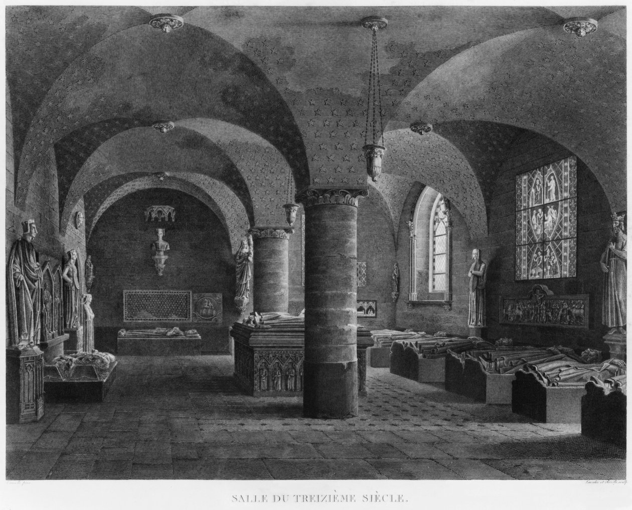 1200-luvun huone, Musee des Monuments Francais, Pariisi, kuvitus julkaisusta "Vues pittoresques et perspectives des salles du Musee des Monuments Francais et des principaux ouvrages...", kaiverrus: tekijältä Jean Lubin Vauzelle