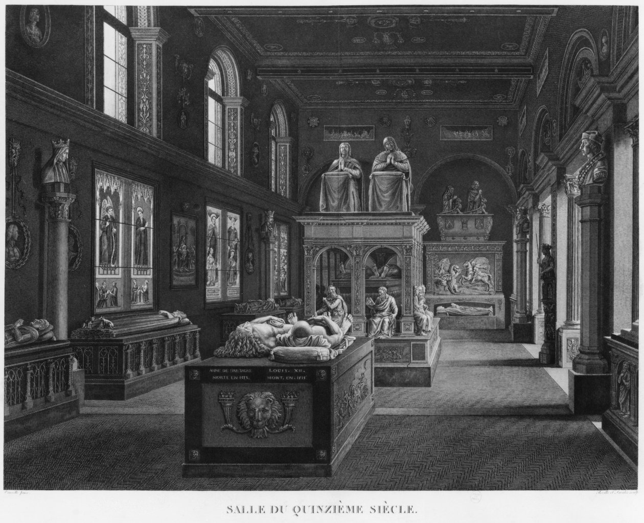 1400-luvun huone, Musee des Monuments Francais, Pariisi, kuvitus teoksesta "Vues pittoresques et perspectives des salles du Musee des Monuments Francais et des principaux ouvrages...", kaivertaja tekijältä Jean Lubin Vauzelle