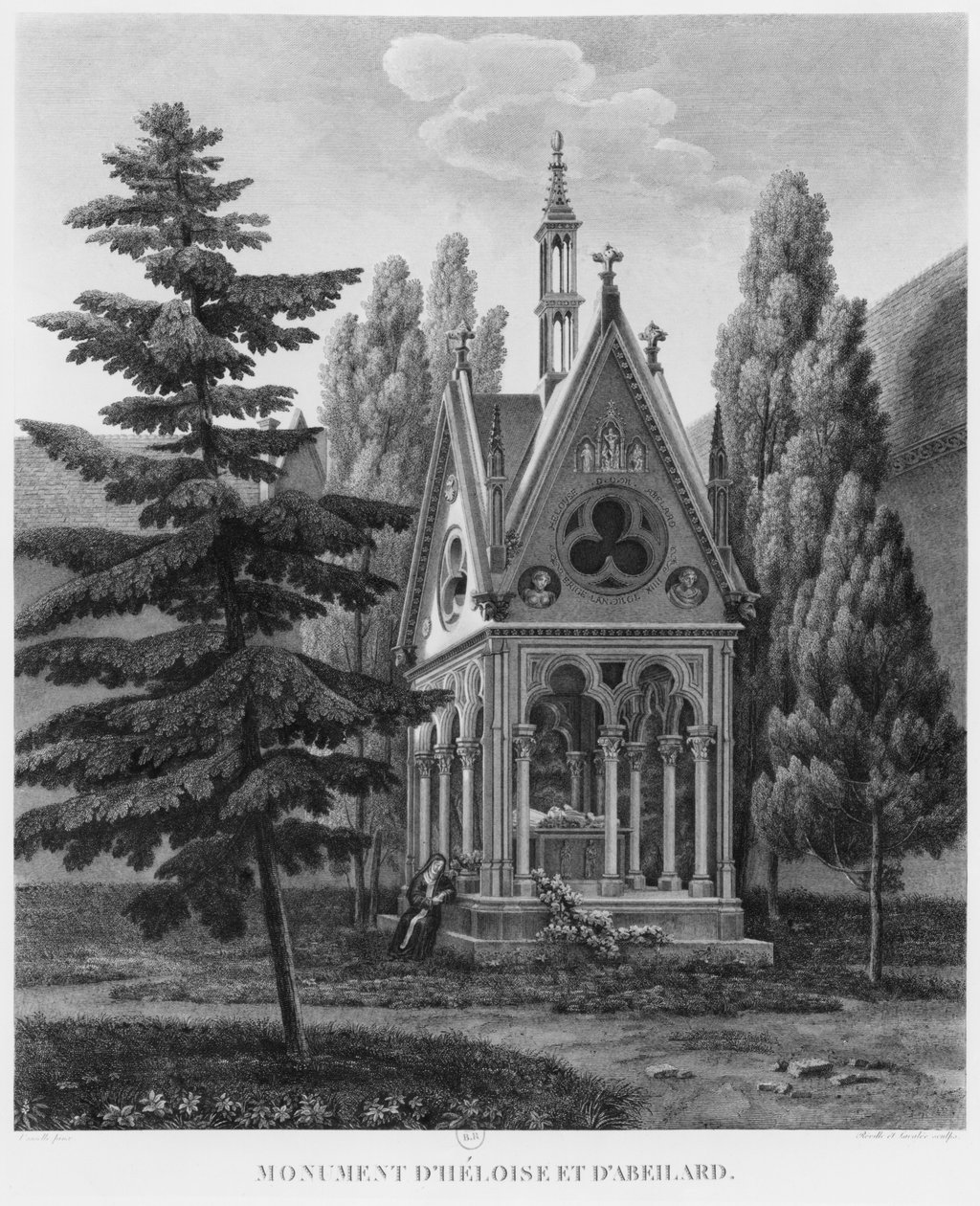Heloisen ja Abelardin hauta, Musee des Monuments Francais, kuvitus julkaisusta "Vues pittoresques et perspectives des salles du Musee des Monuments Francais et des principaux ouvrages...", kaiverrus J. tekijältä Jean Lubin Vauzelle