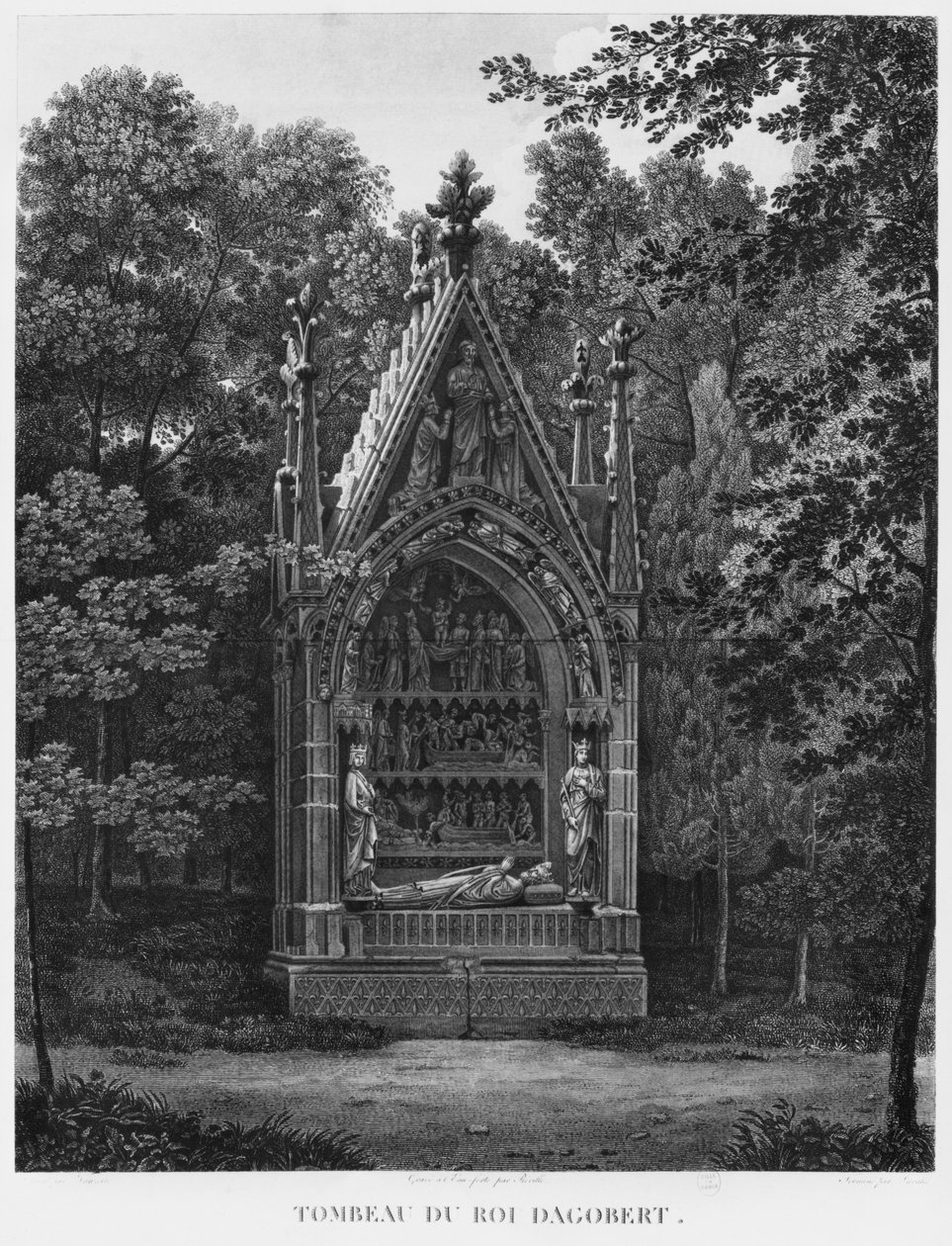 Kuningas Dagobertin hauta, Musee des Monuments Francais, Pariisi, kuva aiheesta "Vues pittoresques et perspectives des salles du Musee des Monuments Francais et des principaux ouvrages...", kaiverrus tekijältä Jean Lubin Vauzelle