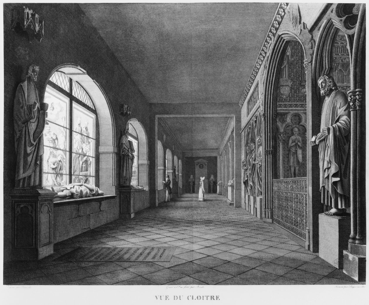 Näkymä luostarille, Musee des Monuments Francais, Pariisi, kuvitus aiheesta "Vues pittoresques et perspectives des salles du Musee des Monuments Francais et des principaux ouvrages...", kaiverrus J. tekijältä Jean Lubin Vauzelle