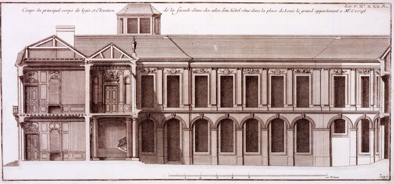 Monsieur Crozatin talon osan julkisivu Place Louis le Grand, Pariisi, Jacques-Francois Blondelin "Architecture Francoise", 1727 tekijältä Jean Mariette
