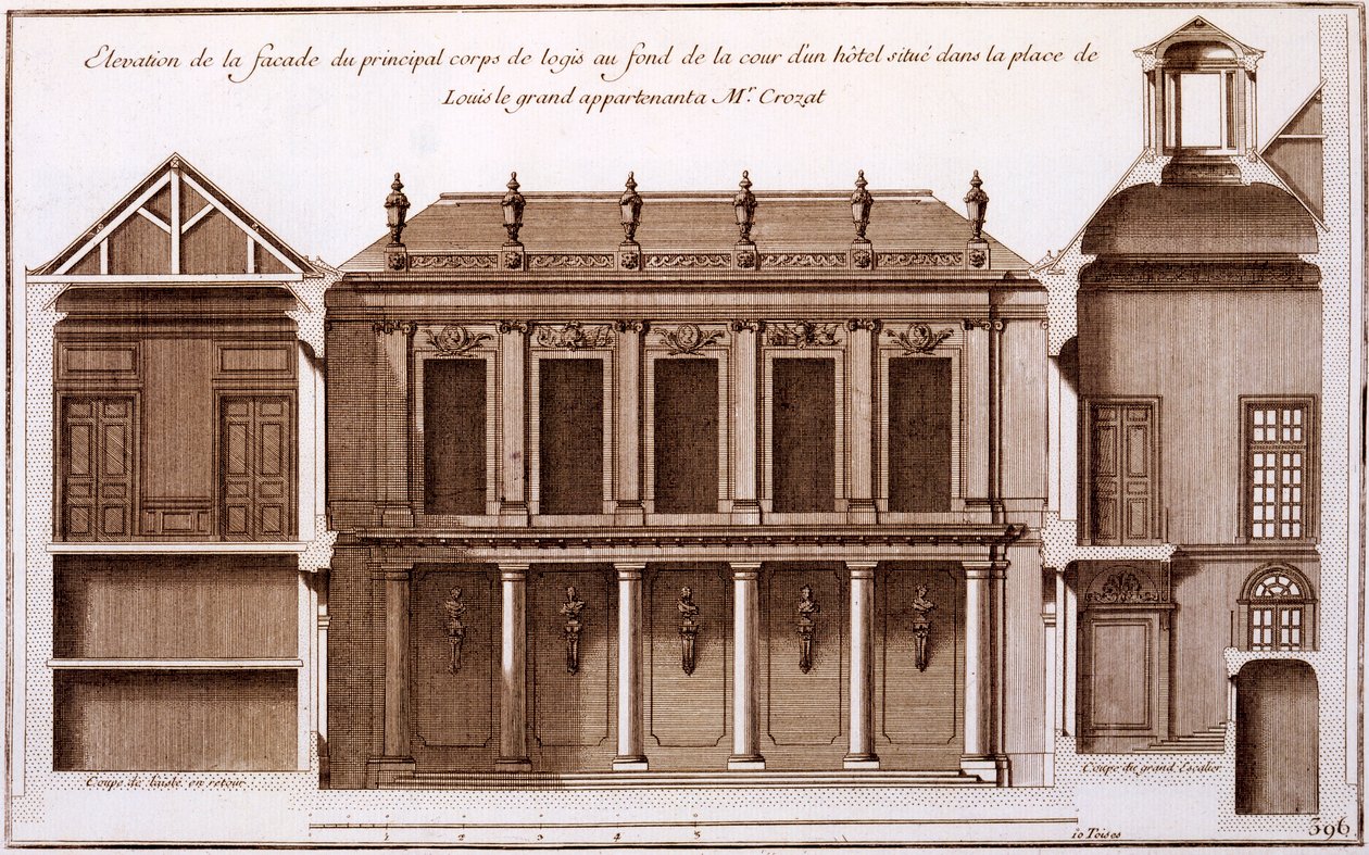 Monsieur Crozatin talon osan julkisivu Place Louis le Grand, Pariisi, Jacques-Francois Blondelin "Architecture Francoise", 1727 tekijältä Jean Mariette