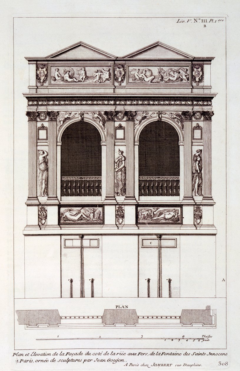 Fontaine des Innocents, Pariisi, Jacques-Francois Blondelin teoksesta "Architecture Francoise", 1727 tekijältä Jean Mariette