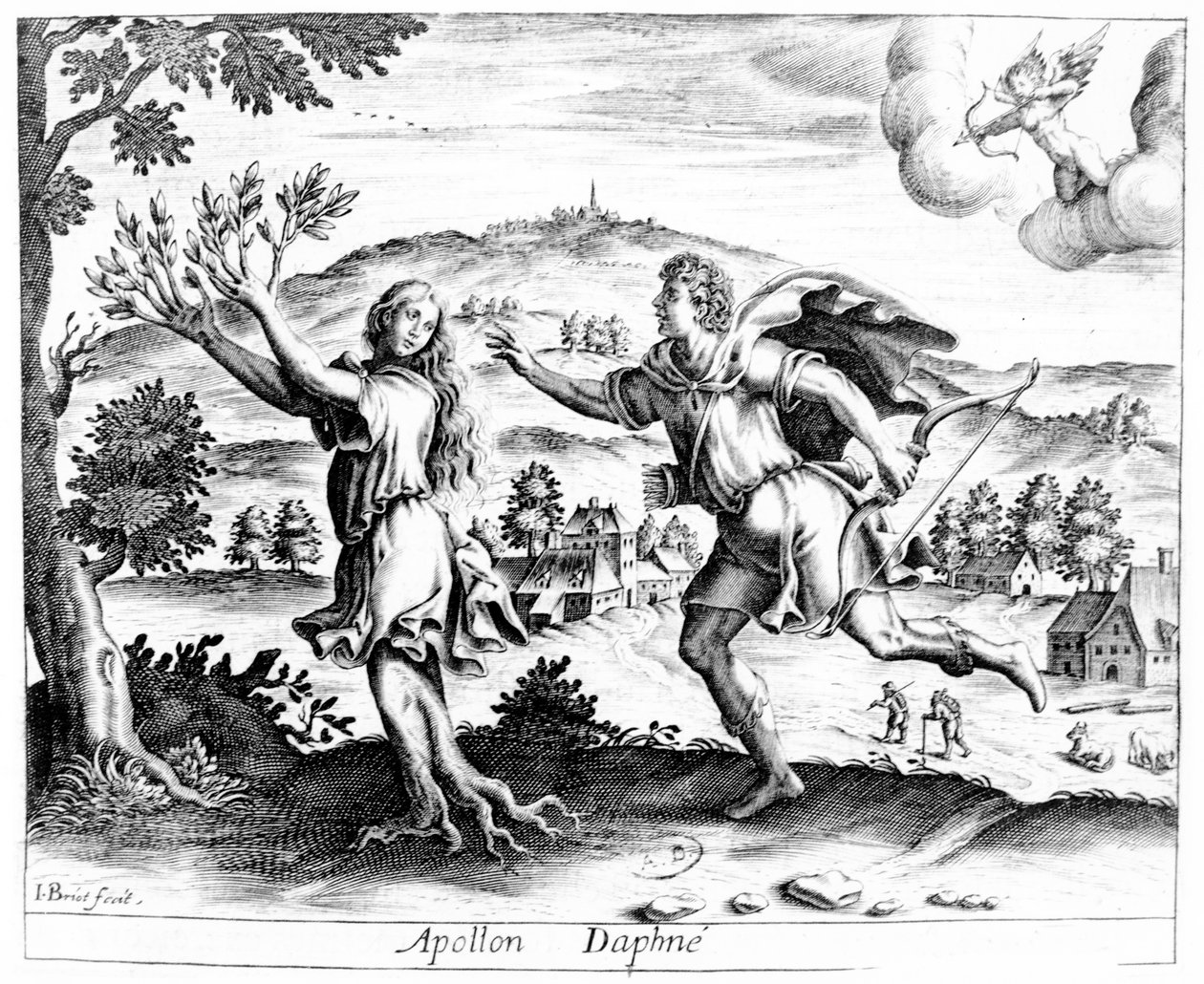 Daphne, joka pakenee rakkautta Apolloa, muuttuu laakeripuuksi, 1619 tekijältä Jean Matheus