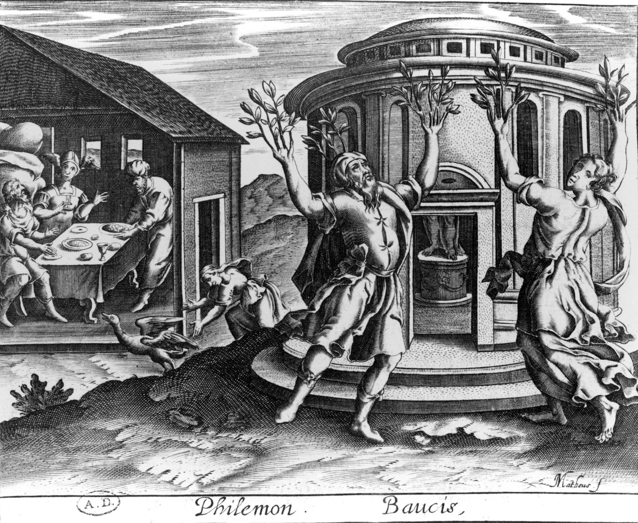 Philemon ja Baucis Ovidiuksen metamorfoosien painoksesta, joka julkaistiin Pariisissa vuonna 1619, tekijältä Jean Matheus