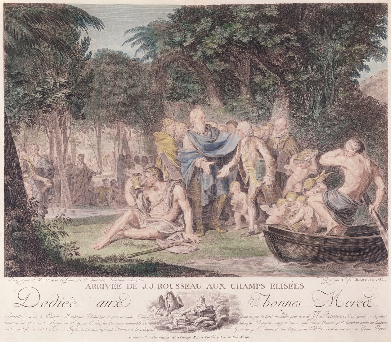 Jean-Jacques Rousseaun (1712-78) saapuminen Elysian kentille, 1782 (värikaiverrus). tekijältä Jean Michel the Younger Moreau