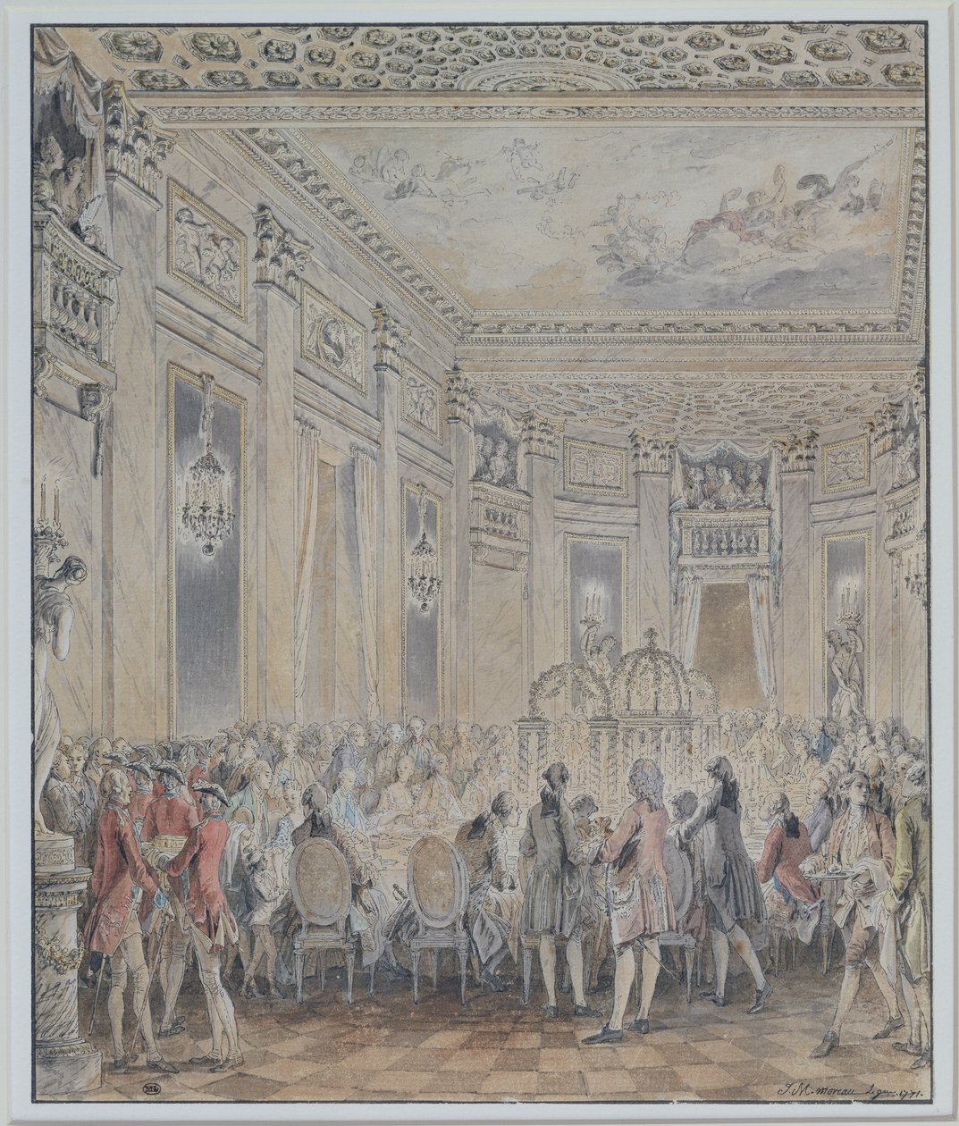 Madame du Barryn (1743-93) pitämä juhla Louis XV:lle 2. syyskuuta 1771 Louveciennesin paviljongin vihkiäisissä, 1771 (kynä, muste ja wc paperilla) tekijältä Jean Michel the Younger Moreau
