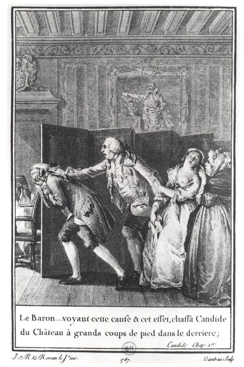"Le Baron ... ajoi Candidea Chateausta upein potkuin perässä", kuva Francois Voltairen (1694-1778) "Candiden" luvusta 1, kaiverrettu Jean Dambrun (1741-s. 1808) 1787 (e) tekijältä Jean Michel the Younger Moreau