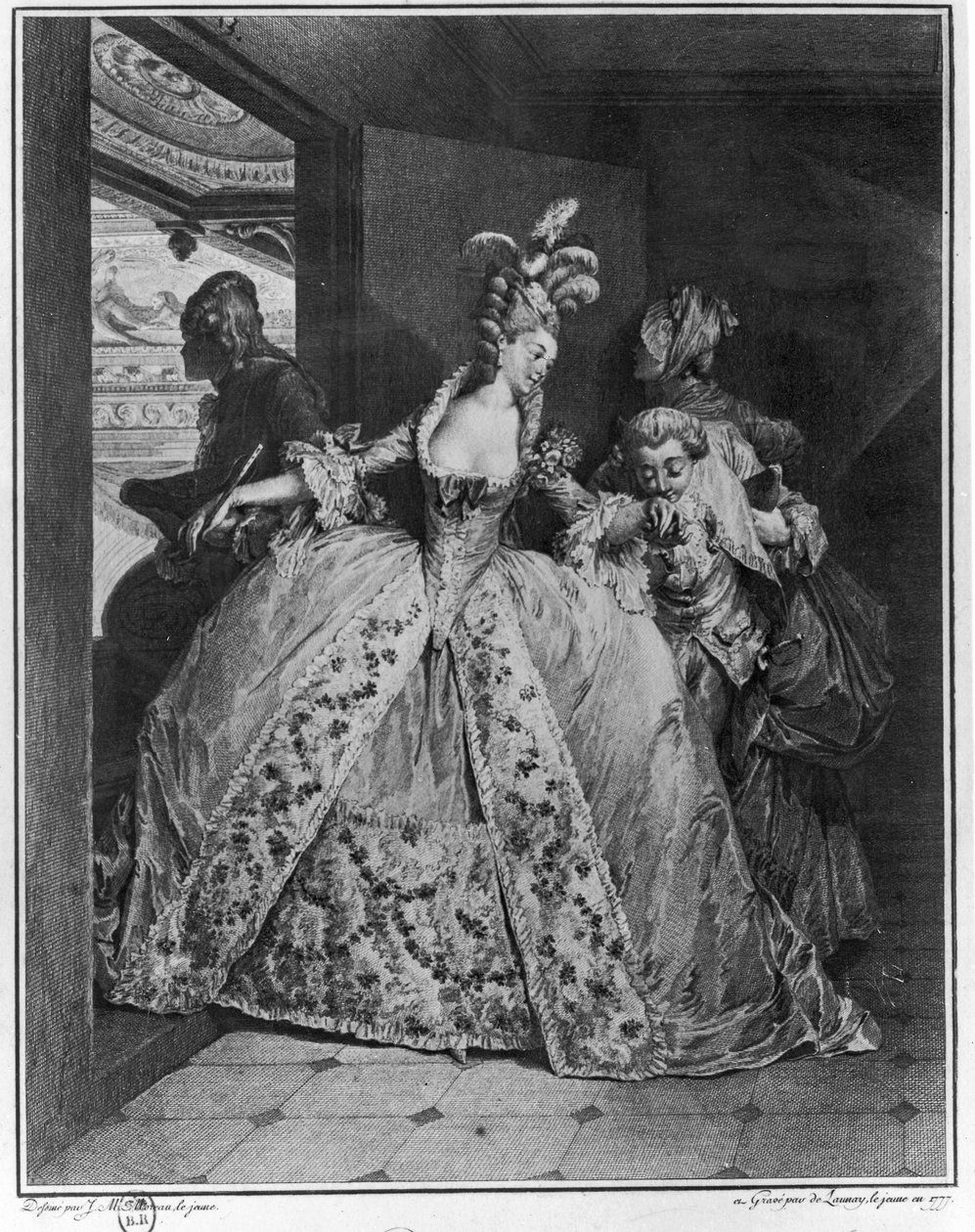 Jäähyväiset, 1777, de Launey nuoremman kaiverruttamana tekijältä Jean Michel the Younger Moreau