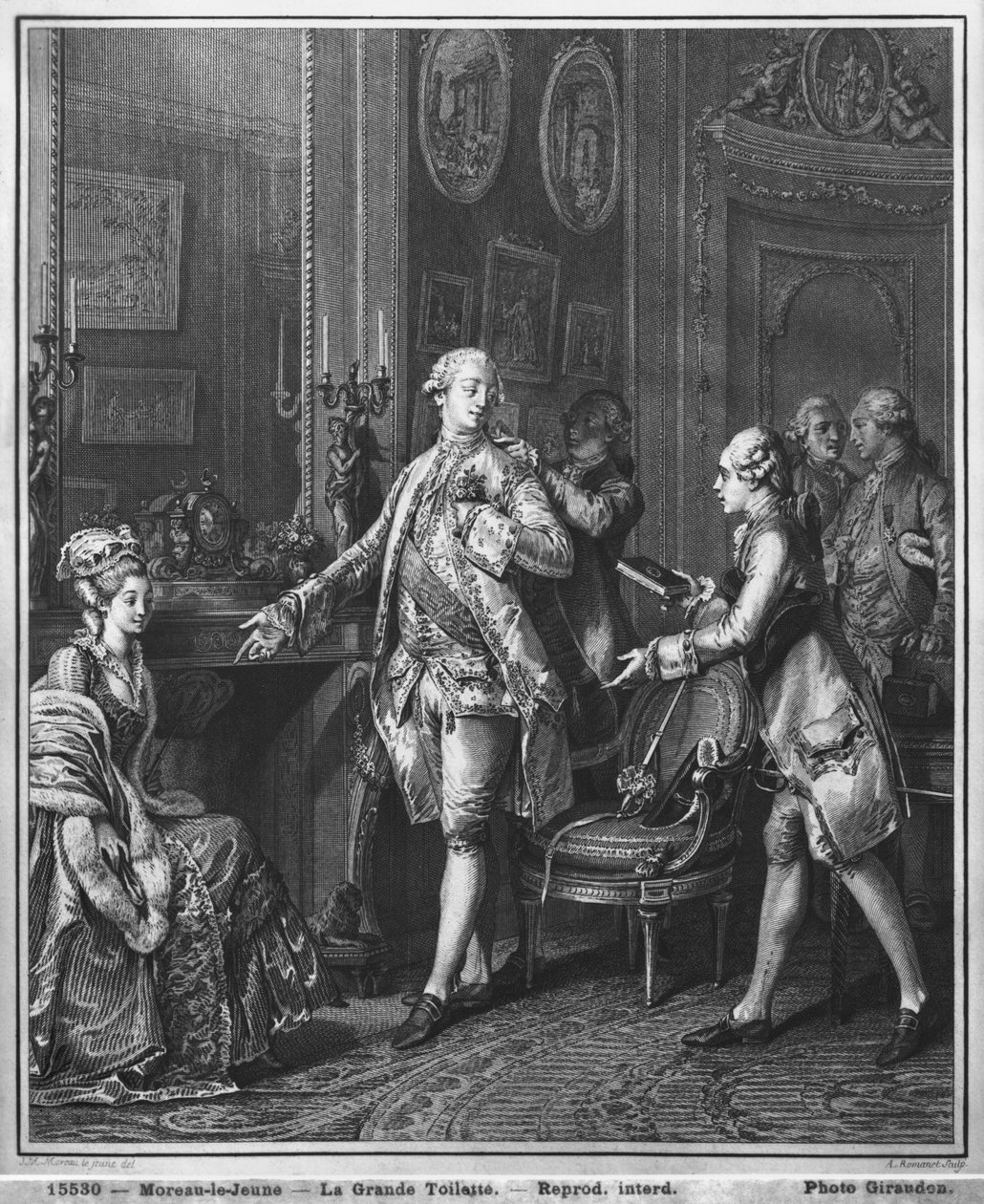 The Great Toilette, kaiverrus Antoine Louis Romanet (1743-1809 jälkeen) n. 1777 tekijältä Jean Michel the Younger Moreau