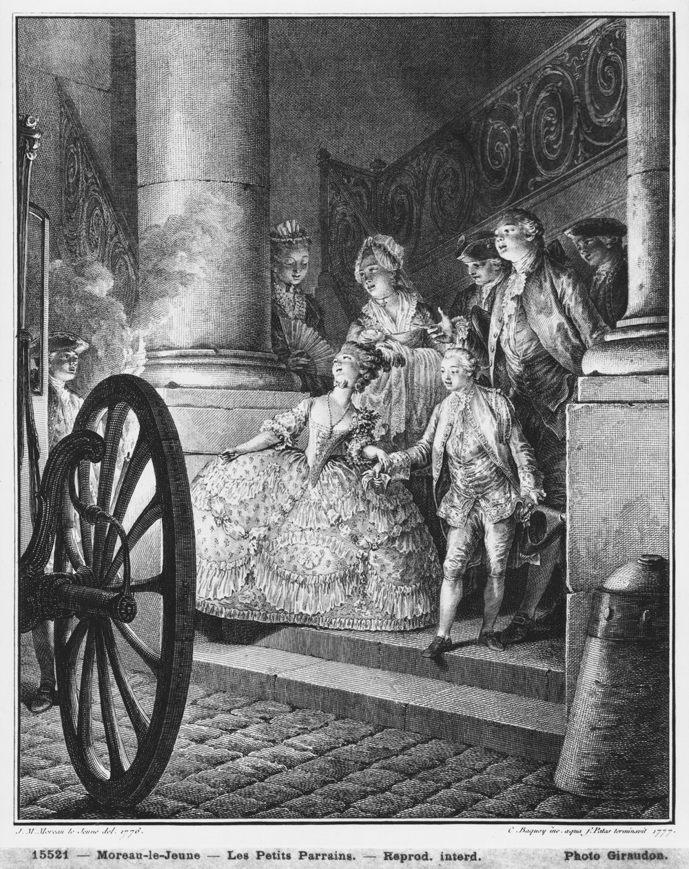 Pierre Charles Baquoy (1759-1829) ja Charles Emmanuel Patas (1744-1802) Pierre Charles Baquoy (1759-1829) ja Charles Emmanuel Patas (1744-1802) kaivertavat The Little Godfathers, 1776 tekijältä Jean Michel the Younger Moreau