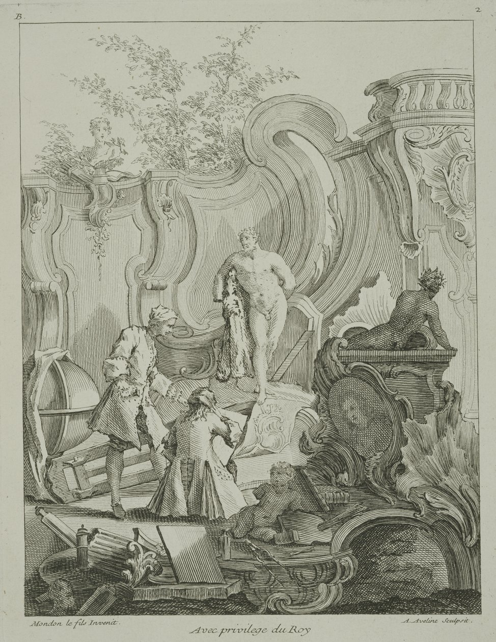 Käsityöläiset, jotka työskentelevät suunnittelun parissa, "Rococo Ornament", kaiverrettu Antoine Aveline (1691-1743), julkaistu 1736-49 tekijältä Jean Mondon