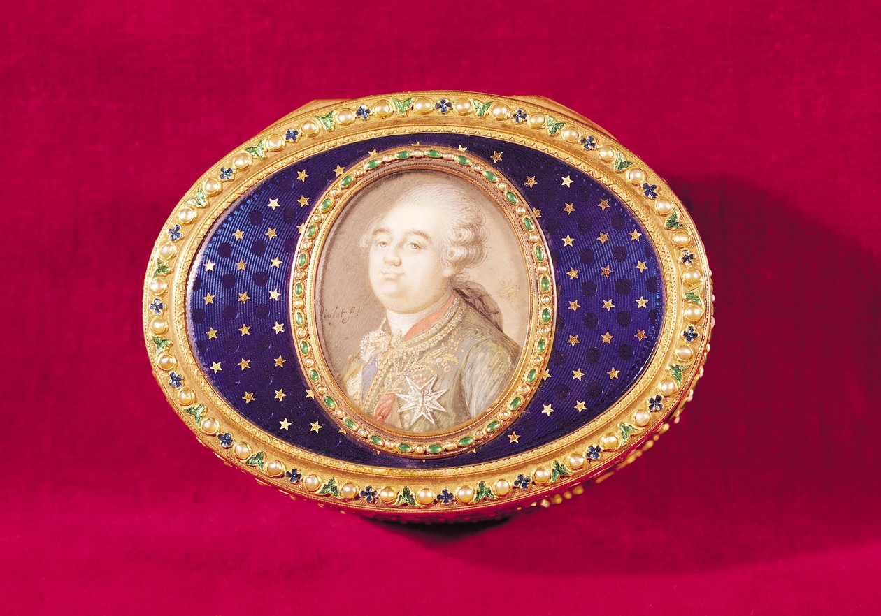 Nuuskalaatikko, jossa Pierre Noel Violet (1749-1819) Pierre Noel Violet (1749-1819) 1780 (kulta, emali, helmiä ja smaragdeja) pienoiskuva Louis XVI:sta (1754-93) tekijältä Jean Nicolas Meuniere