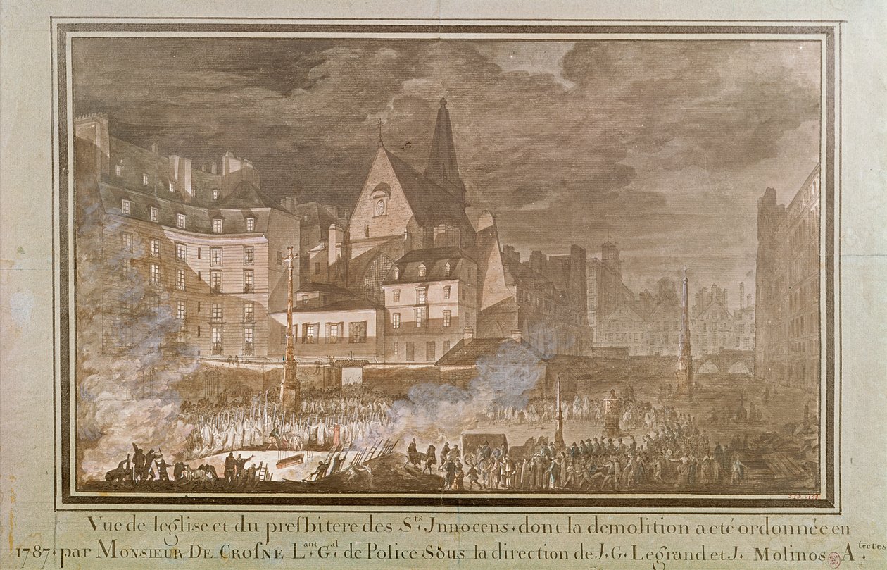 Näkymä presbyteriin ja Eglise des Saints-Innocentsin purkamisen aikana, 1787 tekijältä Jean Nicolas Sobre
