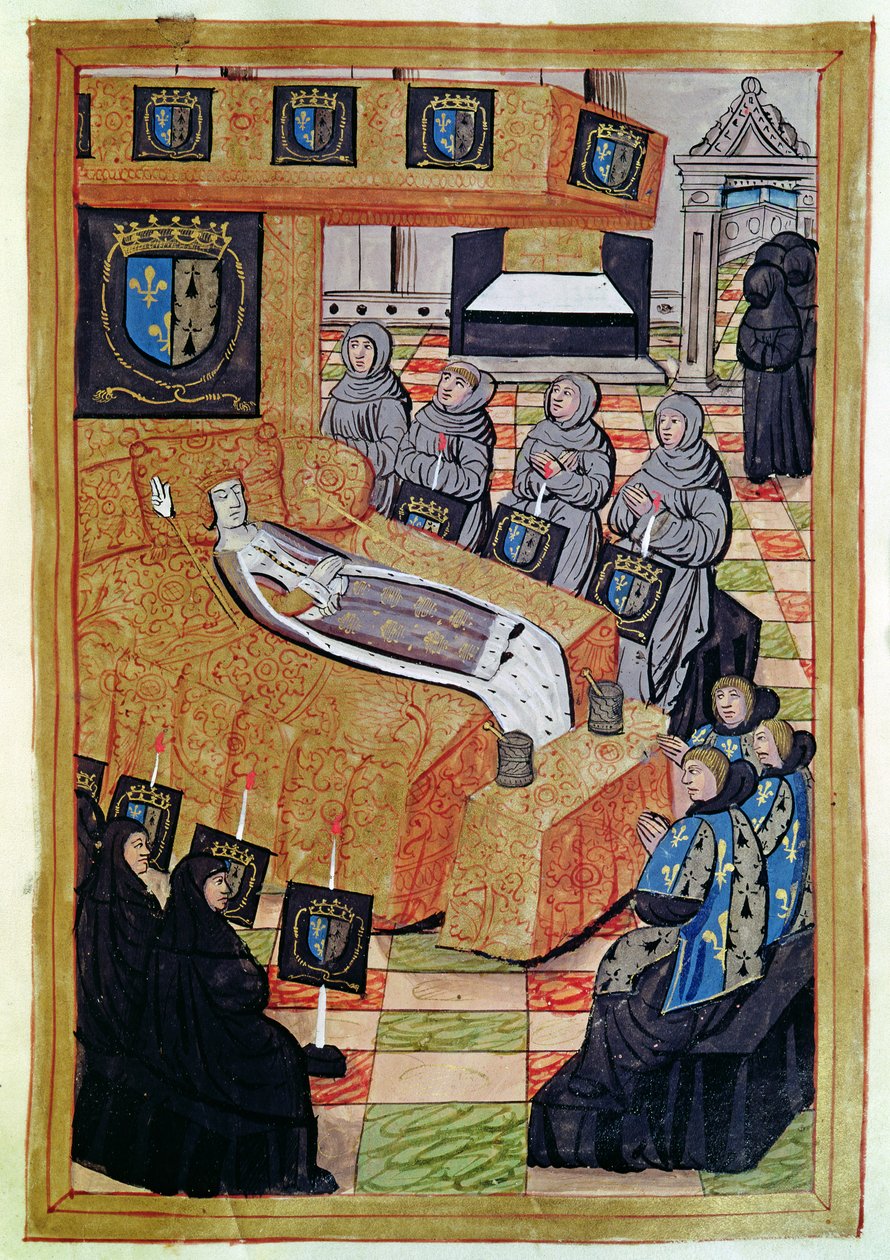 Fol.12r Herttuatar Kuningatar kuolinvuoteessaan, kertomus Anne of Bretagnen (1477-1514) hautajaisista 1515 tekijältä Jean Perreal