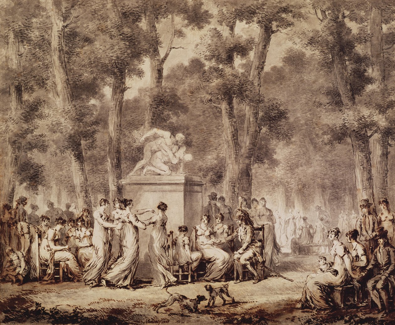 Jardin des Tuileries vuonna 1808 (kynä ja muste ja bistre paperissa) tekijältä Jean Pierre Norblin de La Gourdaine
