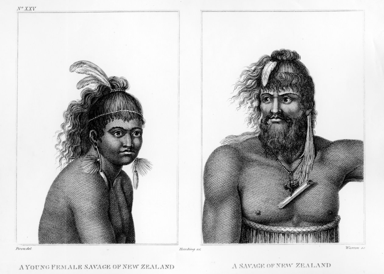 Kaksi Uuden-Seelannin villiä, kuvitus Labillardièren kirjasta "Kertomus matkasta La Perousen etsinnässä", kaivertanut Charles Turner Warren, 1800 tekijältä Jean Piron
