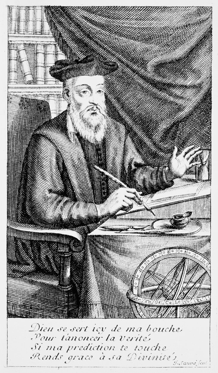 Nostradamus kirjoittaa ennustuksiaan (bw-kaiverrus) tekijältä Jean Sauvé