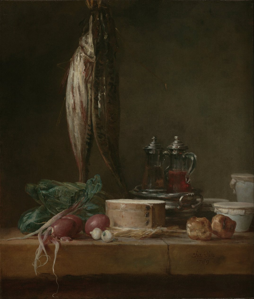 Asetelma kalalla, vihanneksilla, gougèresilla, kattiloilla ja rullilla pöydällä tekijältä Jean Baptiste Simeon Chardin