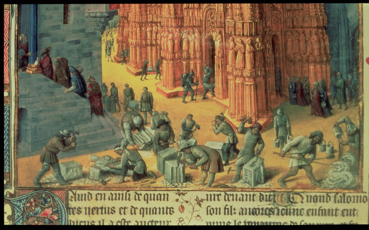 Fr 847 f.153 Jerusalemin temppelin rakennus, yksityiskohta vapaamuurareista työssään, kuva julkaisusta "Antiquites Judaiques", n. 1470-1476 tekijältä Jean Fouquet