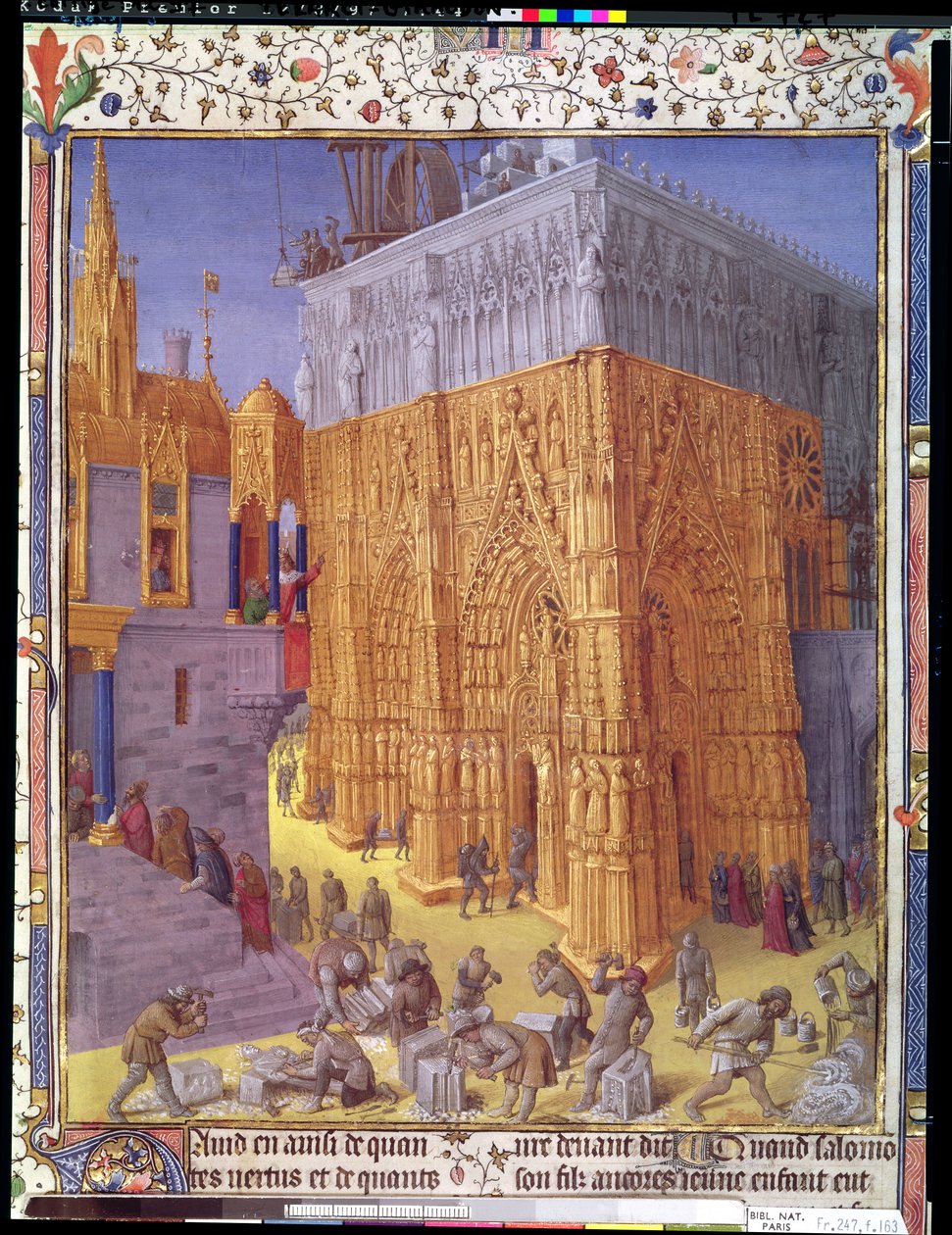 Ms Fr 247 f.153v Jerusalemin temppelin rakennus, kuva julkaisusta "Antiquites Judaiques", n. 1470 tekijältä Jean Fouquet