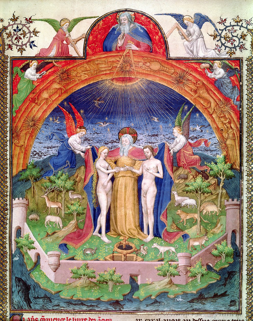 Ms Fr 247 f.3 Luominen, Jumala esittelee Aadamin ja Eevan, kuva julkaisusta "Antiquites Judaiques", n. 1470 tekijältä Jean Fouquet