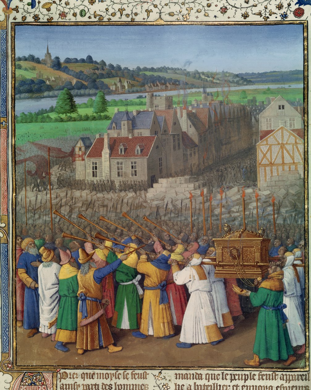 Ms Fr 247 f.89 Jerikon lankeemus, kuva julkaisusta "Antiquites Judaiques", n. 1470 tekijältä Jean Fouquet