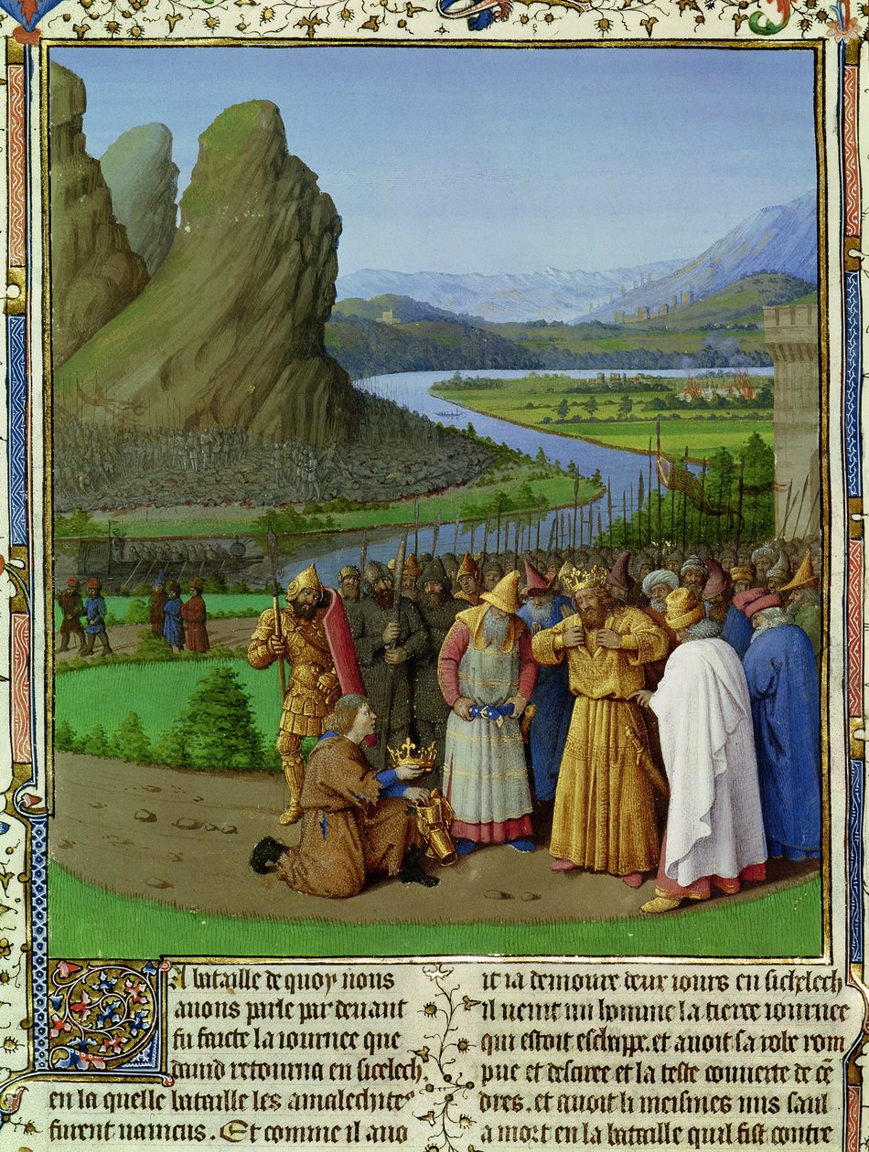 Ms Fr 247 fol.135 David Learning of the Death of Saul, kuva julkaisusta "Antiquites Judaiques", n.1470 tekijältä Jean Fouquet