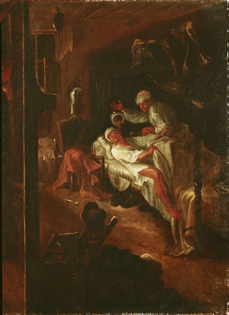 La Rancune kaataa ilkeästi Chamber-pottinsa Bas-Mainen kauppiaan päälle, Paul Scarronin (1610-60) Roman Comiquesta 1712-16 tekijältä Jean de Coulom