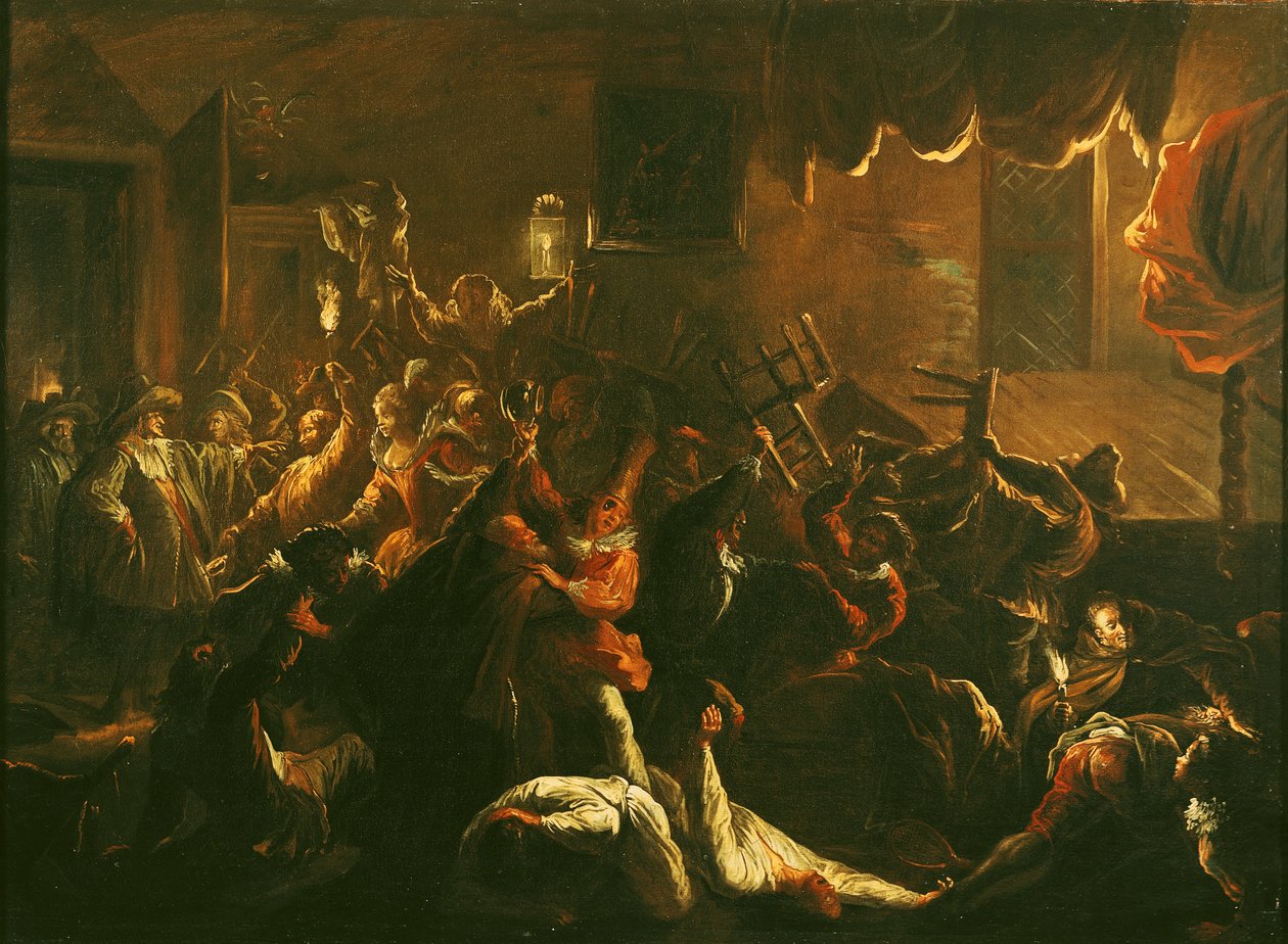 La Tripotieren ahdistus rikkoutuneiden huonekalujen luona, Paul Scarronin (1610-60) "Roman Comiquesta" 1712-16 tekijältä Jean de Coulom