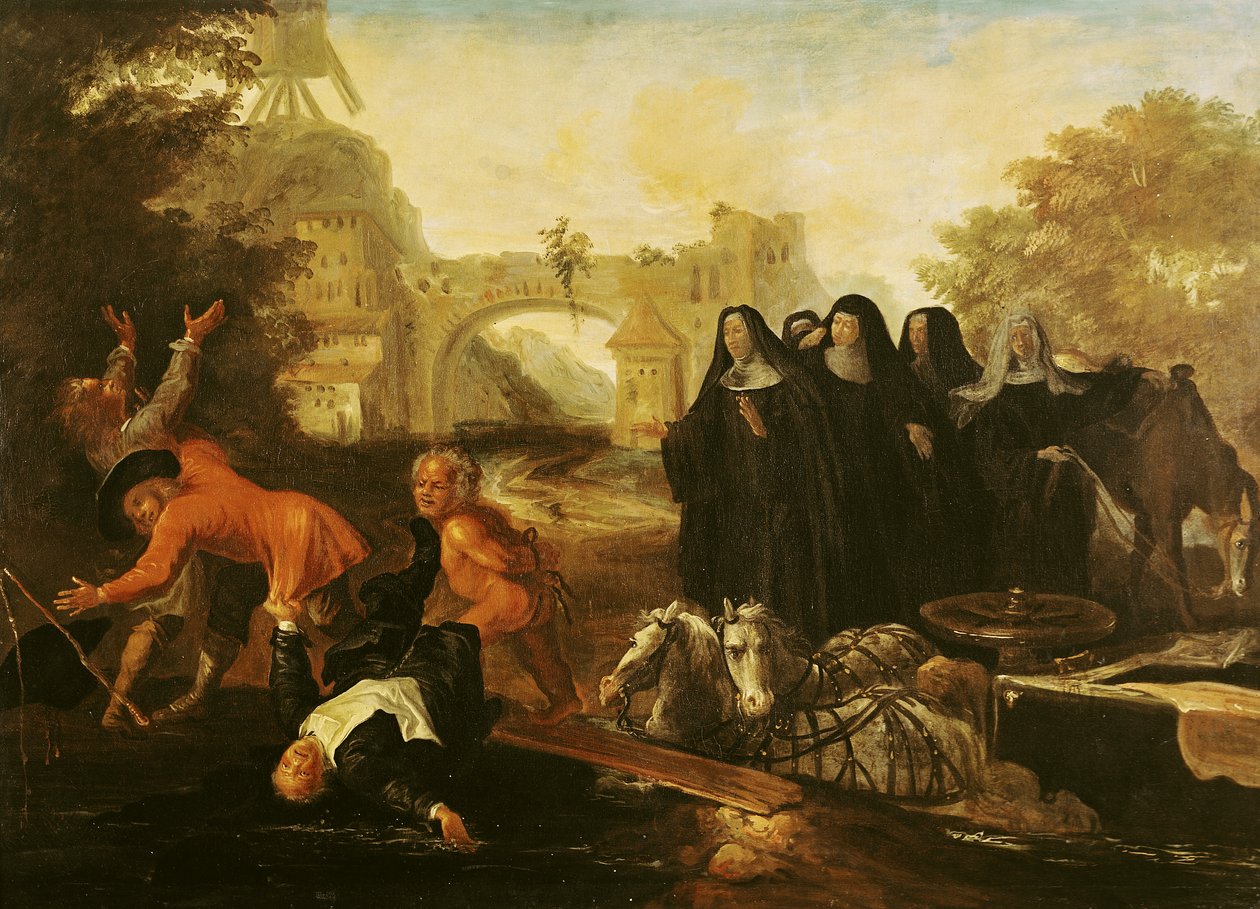 The Abbess of Etival palaamassa Le Mansiin neljän nunnan kanssa, Paul Scarronin (1610-60) Roman Comiquesta 1712-16 tekijältä Jean de Coulom