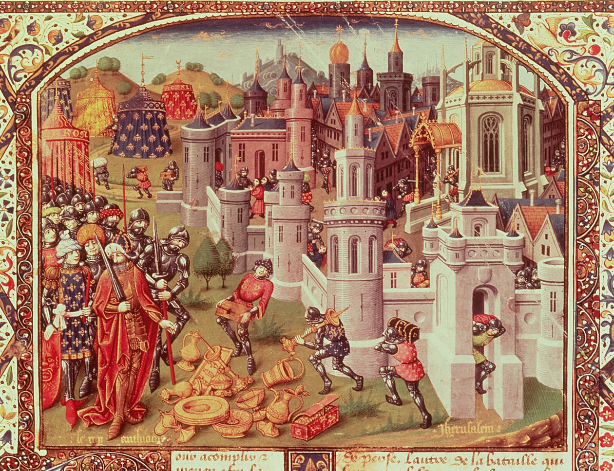 Fr.20124 f.331 Jerusalemin ryöstö kristittyjen valtauksen jälkeen vuonna 1099, valaistu pienoiskuva yleismaailmallisesta kronikasta, 1440 tekijältä Jean de Courcy