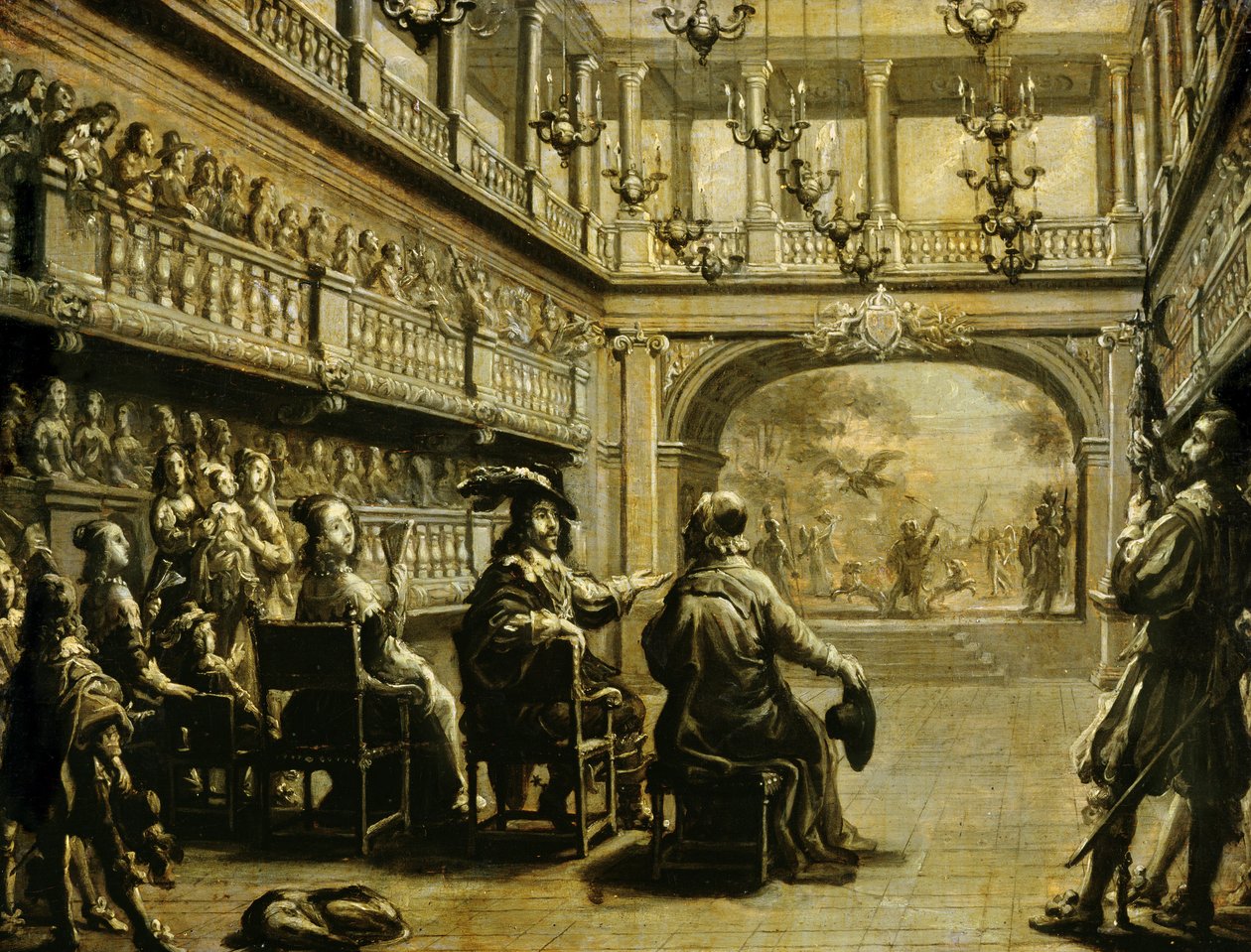 Ludvig XIII (1601-43), Itävallan Anne (1601-66) ja kardinaali Richelieu (1585-1642) J. Desmarest de Saint-Sorlinin näytelmän "Mirame" esityksessä Palais Cardinalissa (nykyisessä Palais Royalissa) Pariisissa. tekijältä Jean de Saint Igny